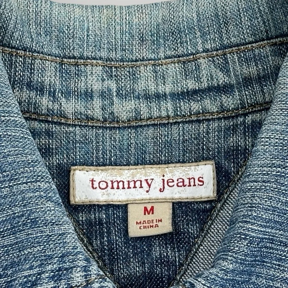 VTG 2005 Tommy Jeans Denim Cropped Jacket Womans M Love Birds Embroidery on Back